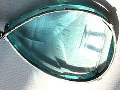 VINTAGE JAPAN MOUNT FUJI AQUAMARINE COLOR ETCHED CRYSTAL GLASS STERLING NECKLACE