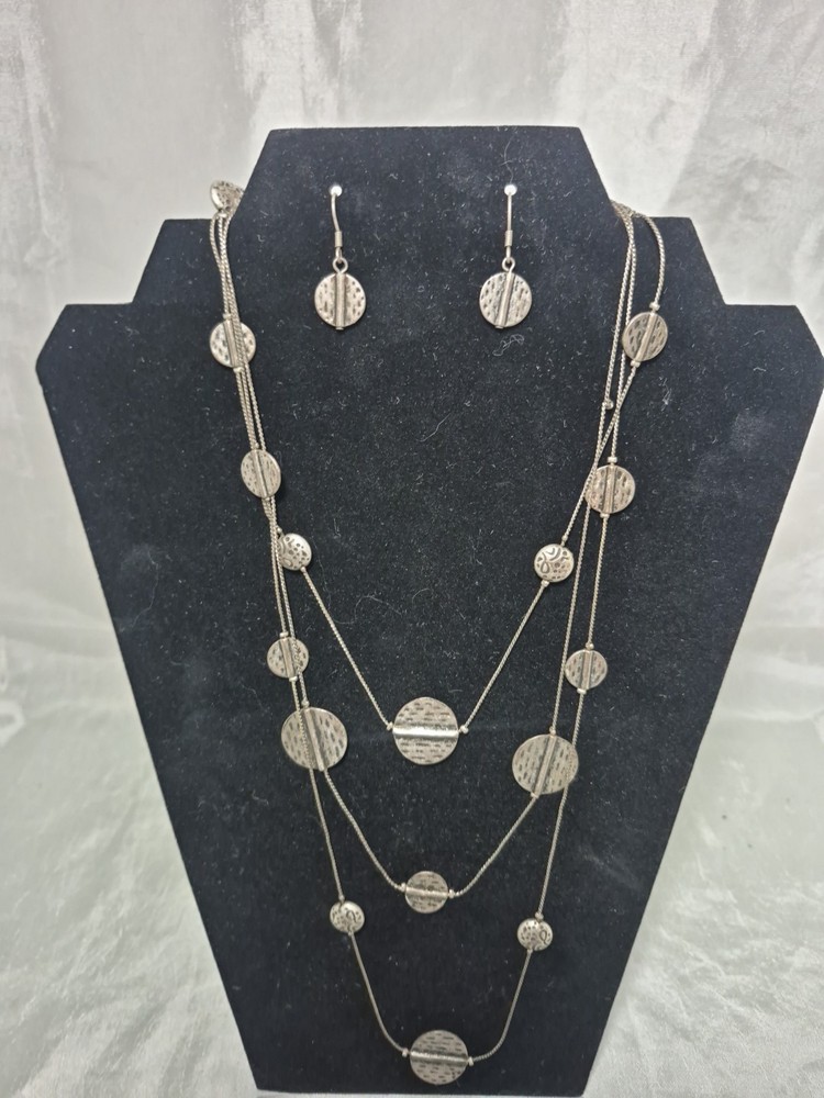 Vintage VCLM Necklace & Earring Set Coin Silver Tone Three Strand Necklace