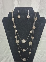 Vintage VCLM Necklace & Earring Set Coin Silver Tone Three Strand Necklace