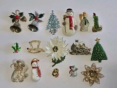 16pc Christmas Brooch Pins Snowman Angel Bell Trees Top Hat Rhinestones Holiday