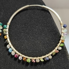 Large Vintage Sterling Silver with Gemstone Wire Wrap Hoop Earrings 2.05″