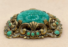 VTG W. Germany Ornate Peking Glass Filigree Shell motifs Brooch C-clasp Art Deco