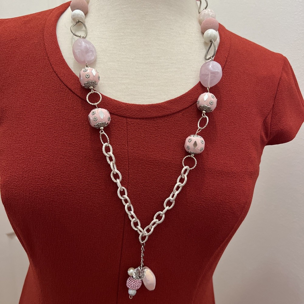 Vintage Glass/Acrylic/faux Peal/ metal Beaded Silver Tone Chain 30”Necklace