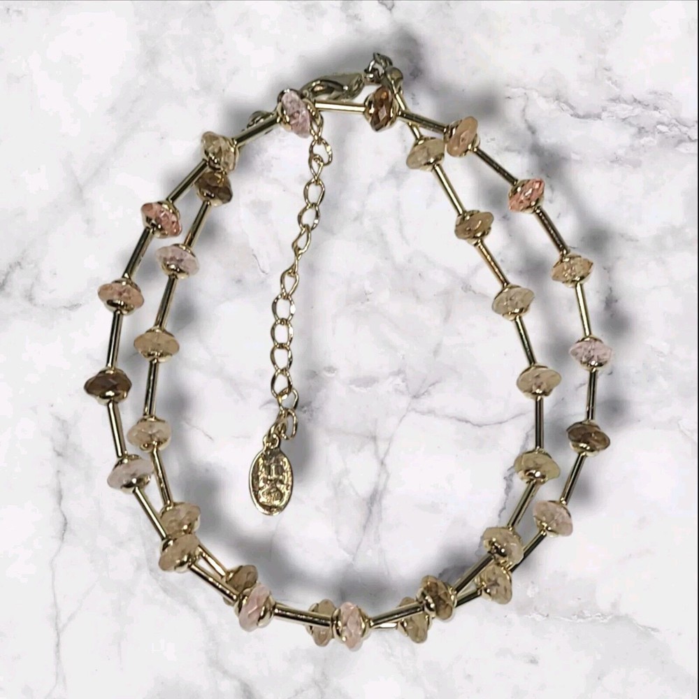 Carolina Herrera Gold Tone Pink Champagne & Amber Crystal Bead Station Necklace