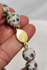 Vintage Chinese Porcelain Floral Bead Necklace Hand Painted Knotted Gold Tone