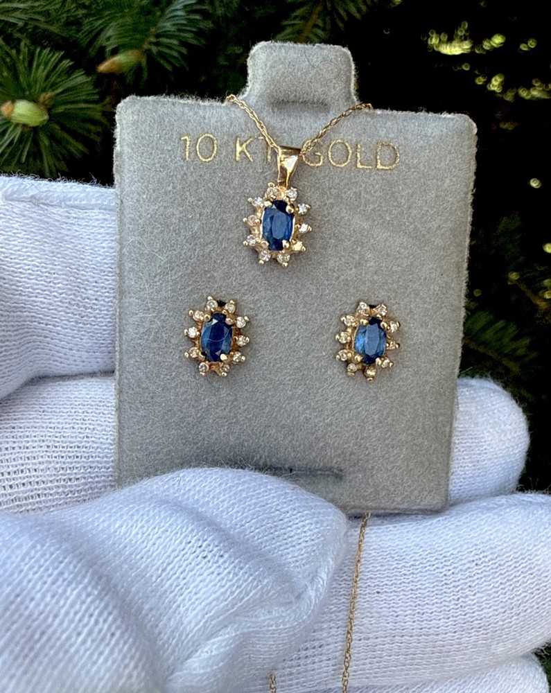 Vtg.10K Solid Yellow Gold Blue Sapphire Diamond Hallo Earrings Pendant Necklace