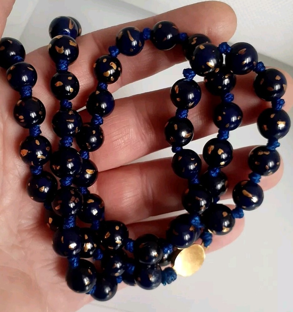 Vintage Chinese cobalt Blue gold flecks Glass Hand Painted necklace