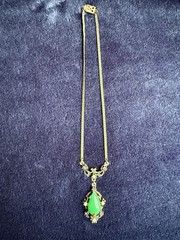 Vintage Art Nouveau Revival Green Cabochon Brass Costume Necklace