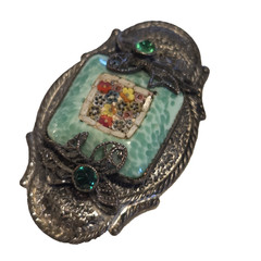 Antique Silver Tone Millefiori Micromosaic Brooch Pin Green Rhinestones Art Deco