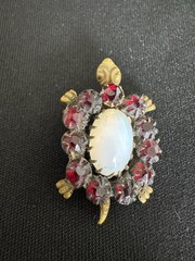 Antique Victorian Turtle Pin With Garnet Opaline Glass Gold Tone C Clasp 1” Cute