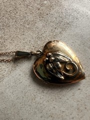 Antique Heart Shaped Photo Locket Gold Over Sterling 19” Chain Read C3