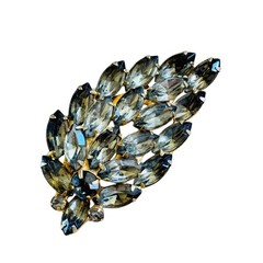 VTG Leaf Jeweled Brooch Marquise Smoky Gray Crystal Rhinestone Floral 60s