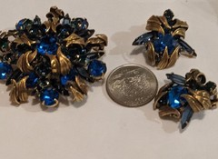 JULIANA DELIZZA ELSTER GOLDTONE SAPPHIRE BLUE RHINESTONE VENUS FLAMES SET