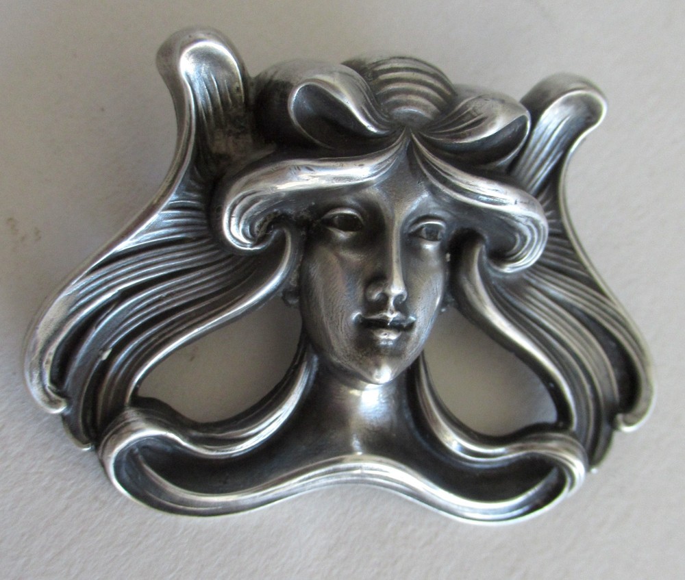 2 1/8 INCHES ANTIQUE 1910 STERLING ART NOUVEAU WILLIAM KERR BROOCH, GIBSON GIRL