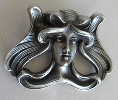 2 1/8 INCHES ANTIQUE 1910 STERLING ART NOUVEAU WILLIAM KERR BROOCH, GIBSON GIRL