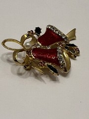 Vintage Red Enamel Christmas Holiday Jingle Bells Brooch Holiday Jewelry Pin