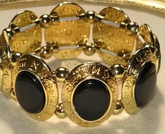 Vintage LCi Liz Claiborne Gold Black Cabochon Stretch Bracelet Runway 80s Glam