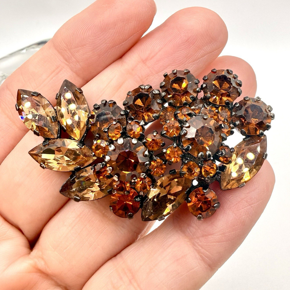 Vintage Signed Triad Brown Amber Rhinestone Floral Spray Brooch Pin Japanned
