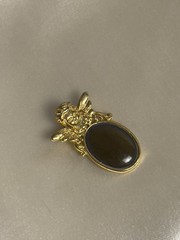 Vintage 1990s Gold Tone Angel Pendant with Deep Green Cabochon – 1.25 x 0.9 Inch