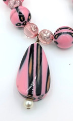 Vintage Glass Necklace Pink Black Art Glass Beaded Pendant 18 Inch