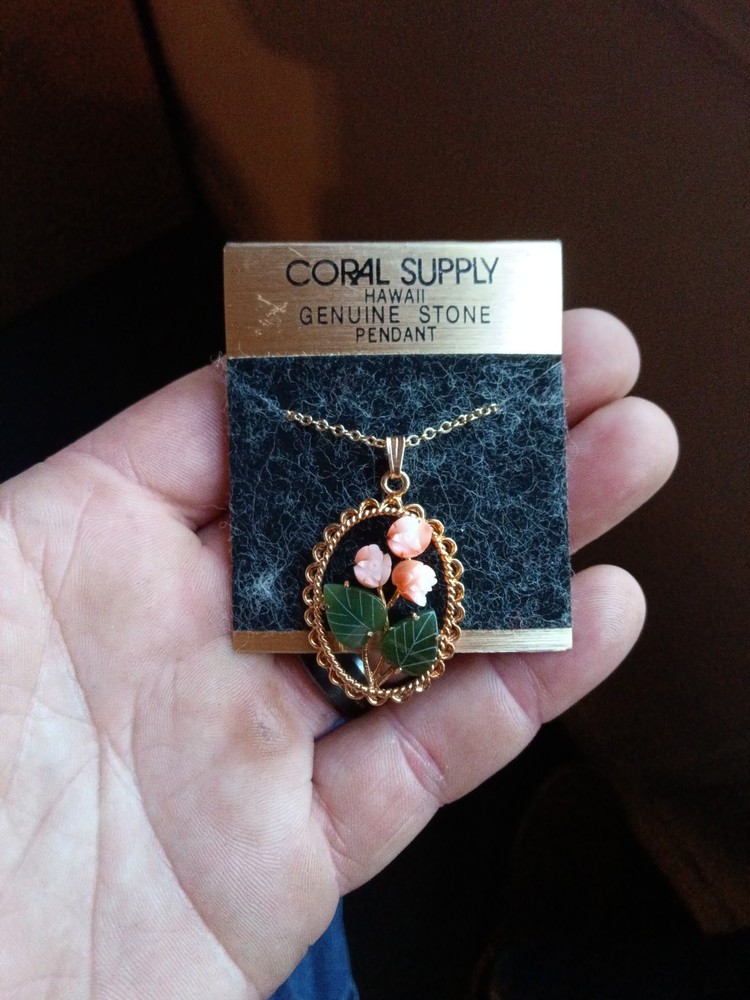 Vintage Carved Coral Roses Jade Leaves Pendant Necklace Gold Filled Chain