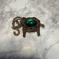 Vintage Elephant Brooch with Green Glass Cabochon and Rhinestone Accents