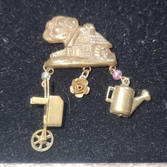 Vintage Cottage Garden Brooch with Wheelbarrow Rose Watering Can Charms
