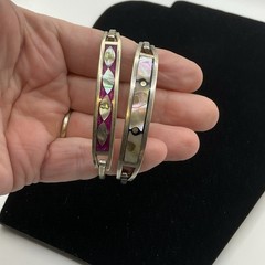 CT034 ALPACA Taxco Mexico Set 2 Silver Alloy Enamel Bracelets Mother Of Pearl