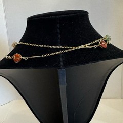 Vintage Gold Tone Wire Caged Gemstone Station Necklace 50″ Long MCM Jewelry