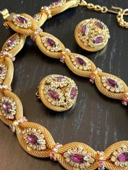 Rare Outstanding Vintage HOBE Set Necklace Bracelet Earrings Amethyst Gold Mesh