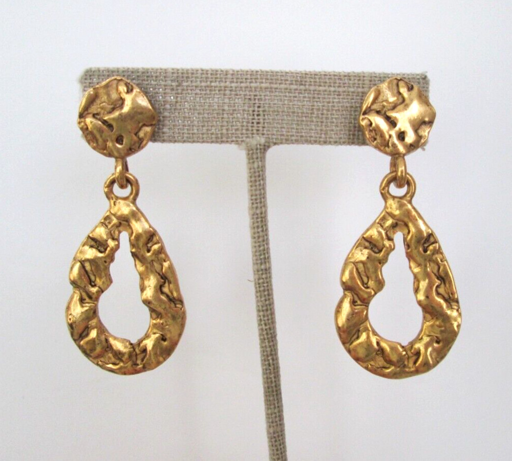 Textured Brutalist Dangle Drop Hoop Earrings Gold Tone Stud 2″