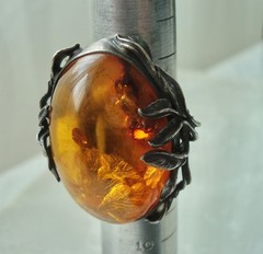 LARGE 1 ½” x 1 ⅜” Vintage AMBER STERLING Silver LEAVES RING 19.5 grams Size 8
