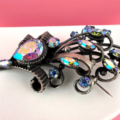 Vintage Rhinestone Brooch Aqua Blue Aurora Borealis Floral Bouquet Pot Metal?