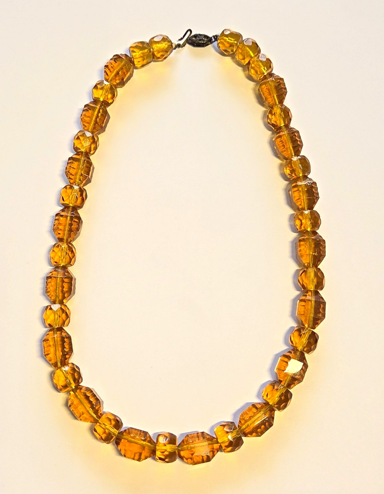 Vintage Amber Glass Beaded Necklace, Round Ball/Bead Chain, Faceted Beads, Clasp