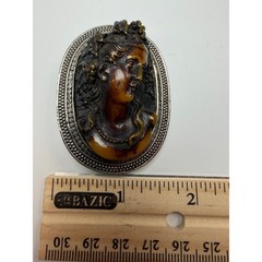 Antique Sterling Silver Cameo Brooch High Relief Amber Toned Lady Portrait #1193