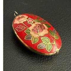 Vintage Cloisonne Enamel Pendant Double Sided Floral Oval Gold Tone Jewelry