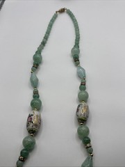 Vintage Chinese Hand-Painted Porcelain and Green Jade Beaded 34”Necklace