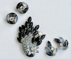 D&E Vintage Flower Corsage Ice Blue & Onyx Navette Brooch Pin & Clip-on Earrings