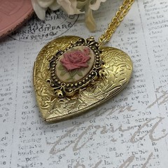 Gold Heart Locket Cameo Birthday Anniversary Wedding Rose Mauve Peach Necklace