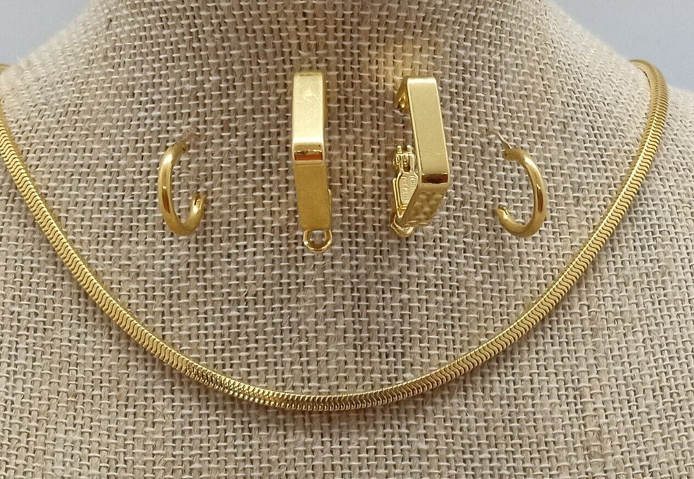Signed MONET Square Snake Chain Necklace & Square Hoop & Small Hoop Earrings Lot