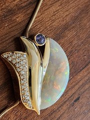 Vintage 9ct Opal 14k Yellow Gold Pendant With Diamond & Tanzanite Accents