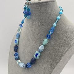 Vintage Venetian Mixed Lampwork Blue Glass Beaded Necklace W/ Matching Earrings