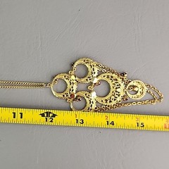 Vintage Chandelier Necklace Purple Rhinestone Gold Tone Filigree Lightweight 24″