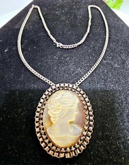 Vtg Silvertone Cameo Woman MOP Abalone Shell Pendant Pin w Chain Necklace 23″