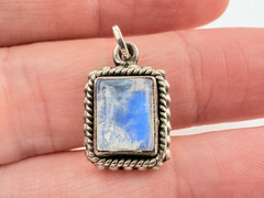 Vintage Sterling Silver Blue Moonstone Rectangular Cabochon Pendant Charm .75 In