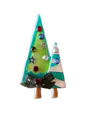 Retro Style AJMC Silver Tone Christmas Trees Pin Brooch 2.5 In. Whimsical Artsy