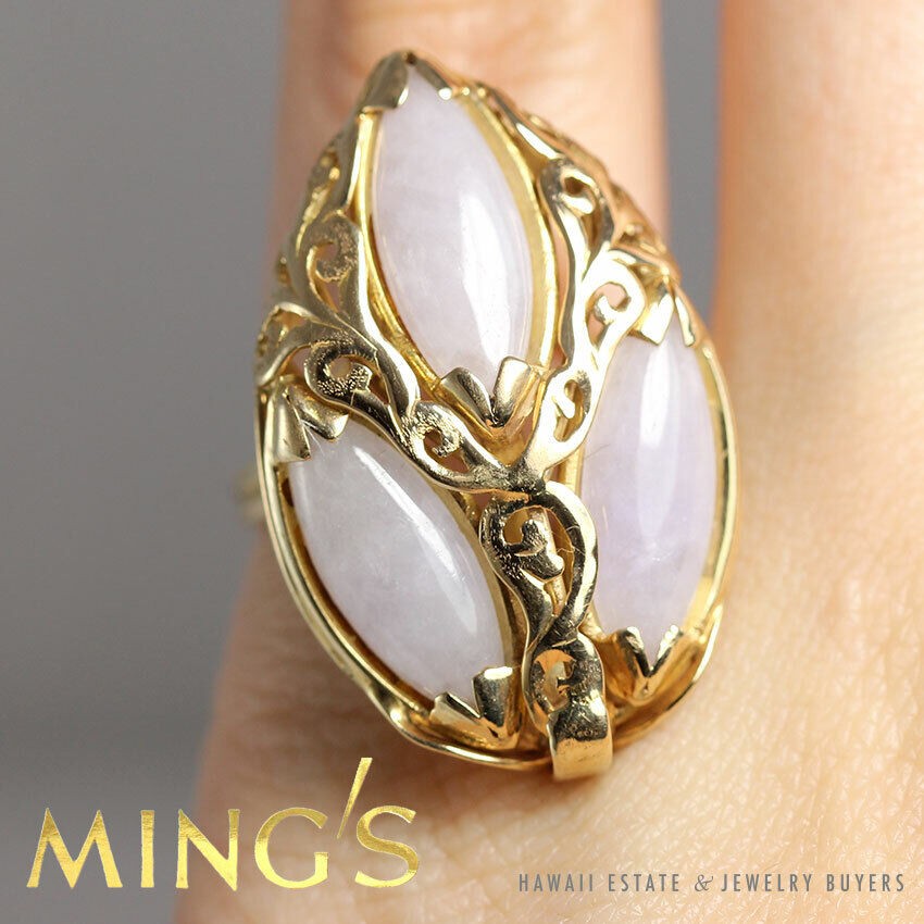 Ming’s Hawaii Lavender Jade Marquise 14K Yellow Gold Ring Size 7