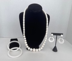 MCM White Plastic Jewelry Set – Necklace, 2 Bangles, Clip-on Earrings