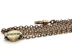 Antique M.S&S Gold Filled Guard Watch Chain Slide 48” Dog Clip Blue Glass Slide