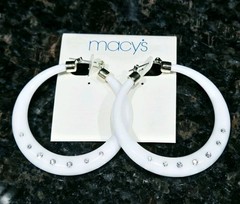Macy’s Earrings White Acrylic Hoop Crystal accent 80’s style Vintage 2.5 in